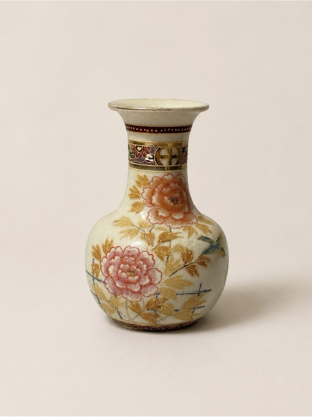 Vintage Satsuma Japan Vase Hand Painted Flowers Bird Moriage 8.25" Crackle Glaze